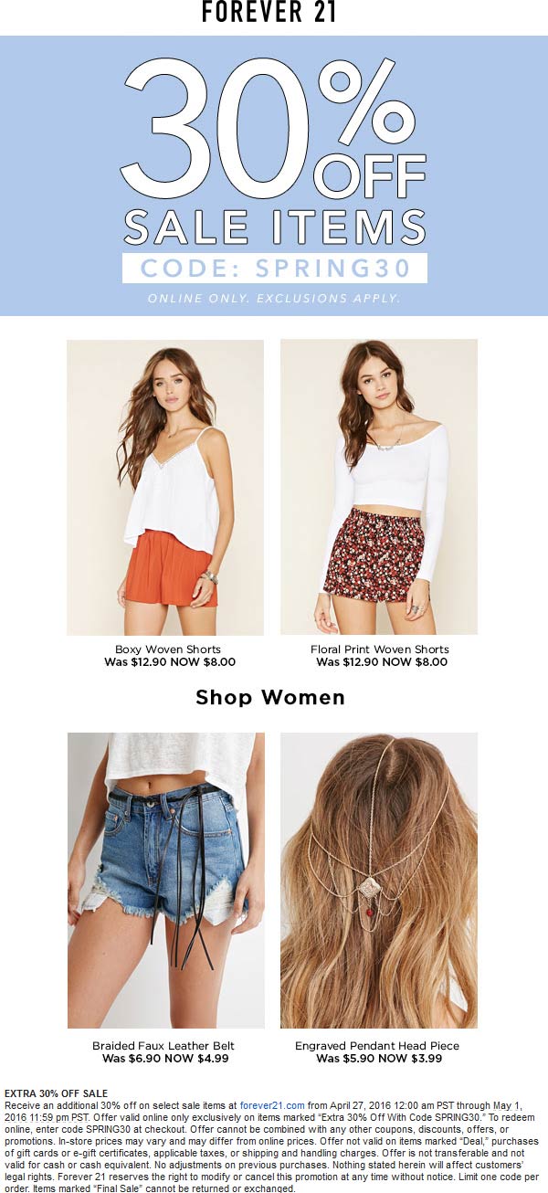 Forever 21 Coupon March 2024 Extra 30% off sale items online today at Forever 21