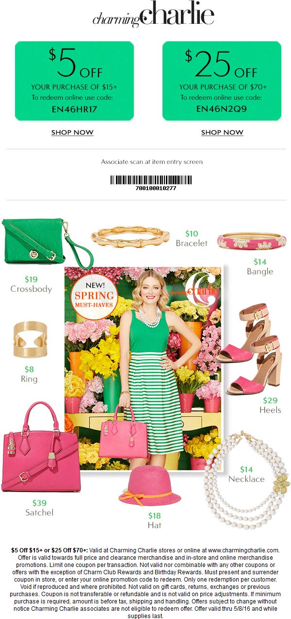 Charming Charlie Coupon April 2024 $5 off $15 & more at Charming Charlie, or online via promo code EN46HR17