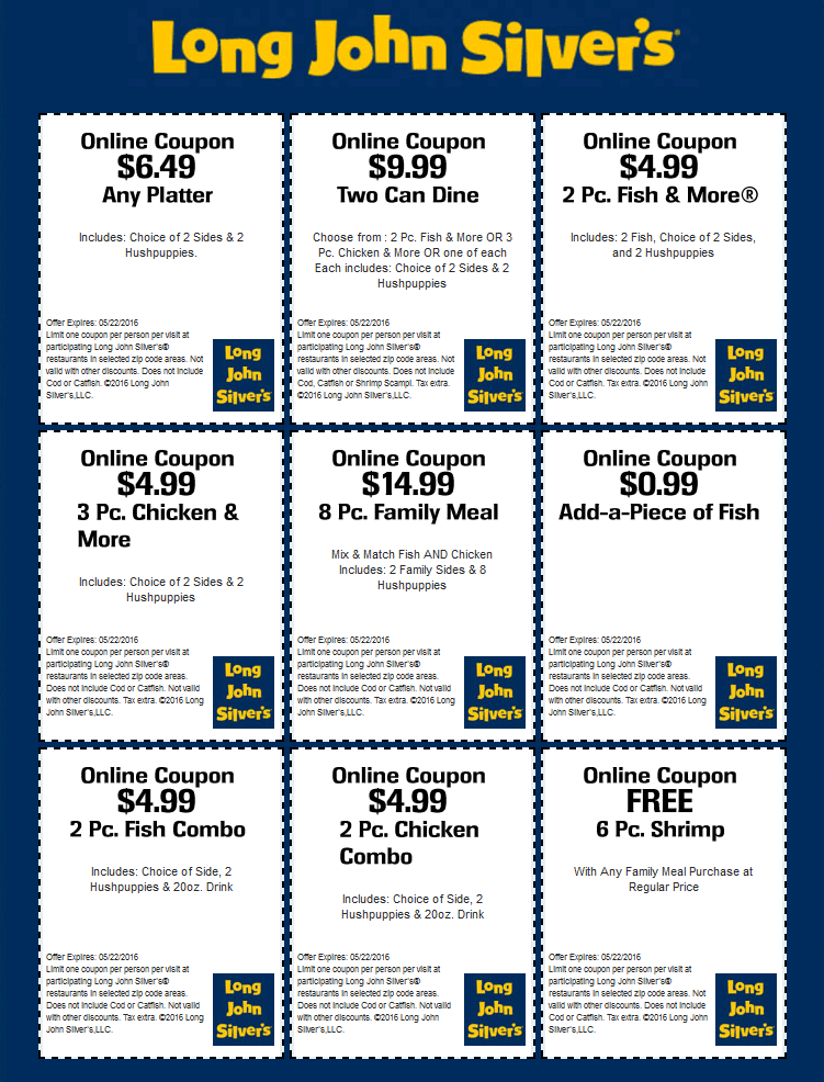 Long John Silvers Coupon April 2024 2pc + 2 sides + 2 hushpuppies = $5 & more at Long John Silvers