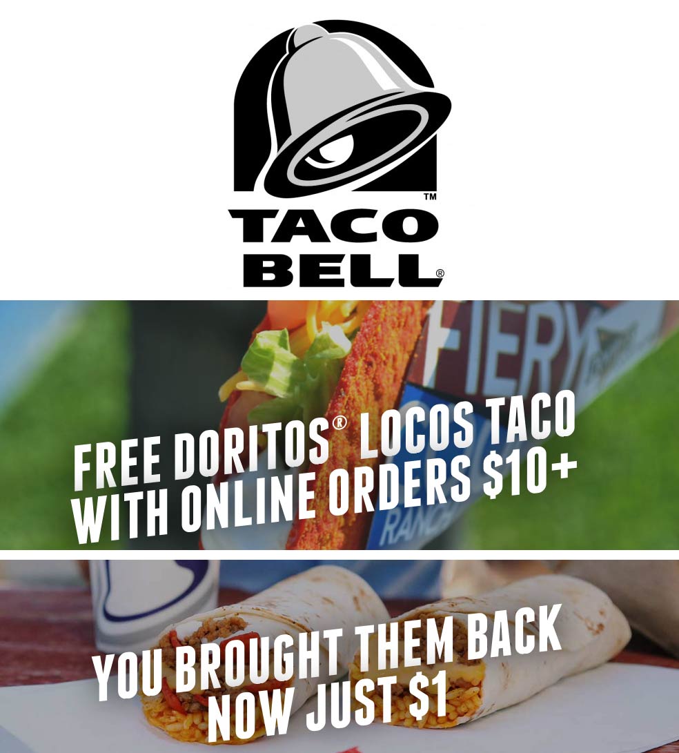 Taco Bell Coupon April 2024 Free Doritos loco taco with $10 spent online at Taco Bell