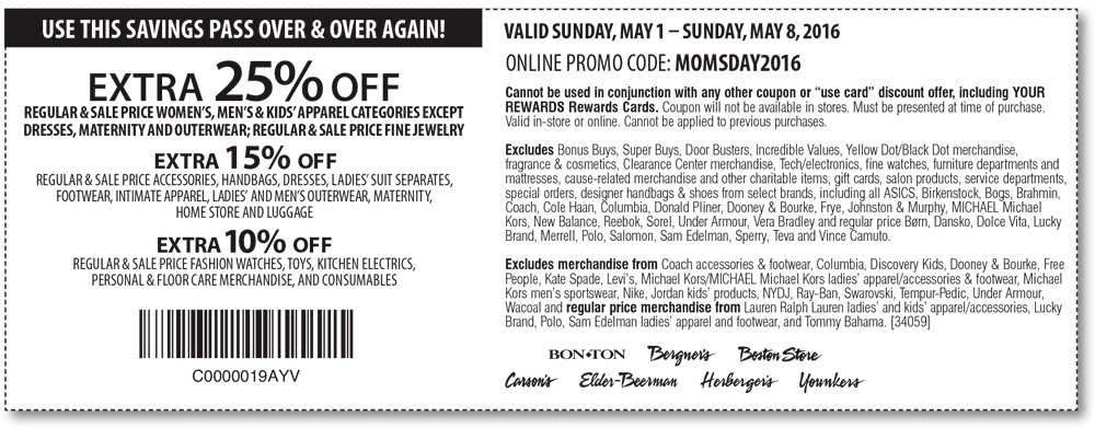 Carsons Coupon April 2024 Extra 25% off at Carsons, Bon Ton & sister stores, or online via promo code MOMSDAY2016
