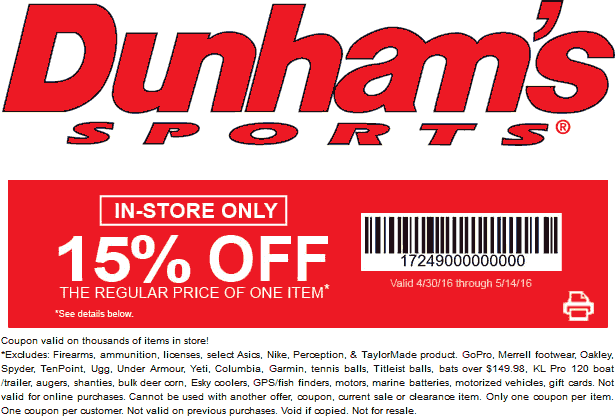 Dunhams Sports Coupon April 2024 15% off a single item at Dunhams Sports