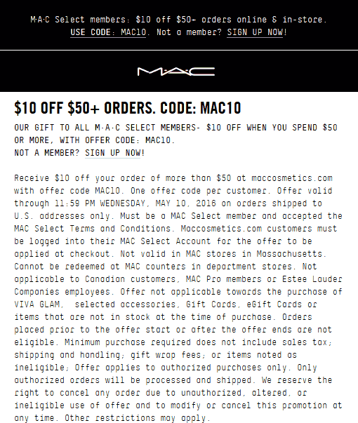 MAC Coupon April 2024 $10 of $50 at MAC cosmetics, or online via promo code MAC10
