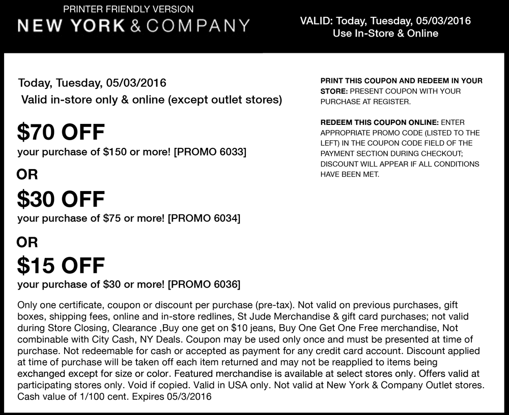 New York & Company Coupon April 2024 $15 off $30 & more today at New York & Company, or online via promo code 6036
