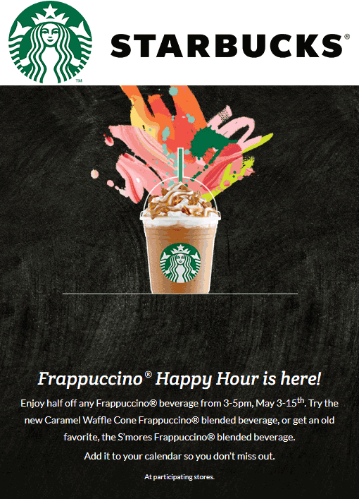 Starbucks Coupon April 2024 50% off Frappuccinos 3-5pm at Starbucks