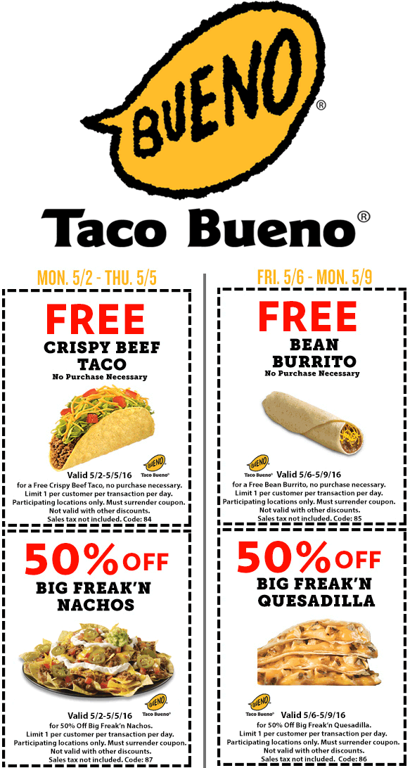 Taco Bueno Coupon April 2024 Free taco or burrito & more at Taco Bueno