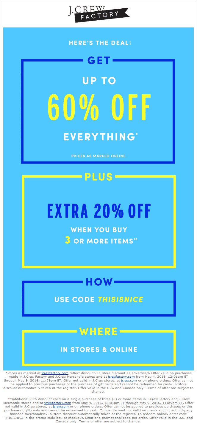 J.Crew Factory Coupon March 2024 Extra 20-80% off at J.Crew Factory, or online via promo code THISISNICE