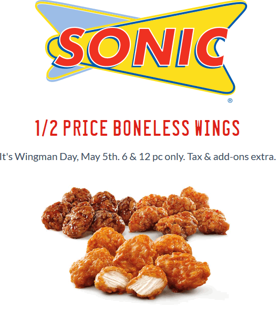 Sonic Drive-In Coupon April 2024 50% off boneless wings Thursday at Sonic Drive-In