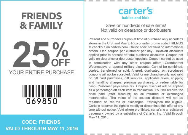 Carters Coupon April 2024 25% off at Carters, or online via promo code FRIENDS