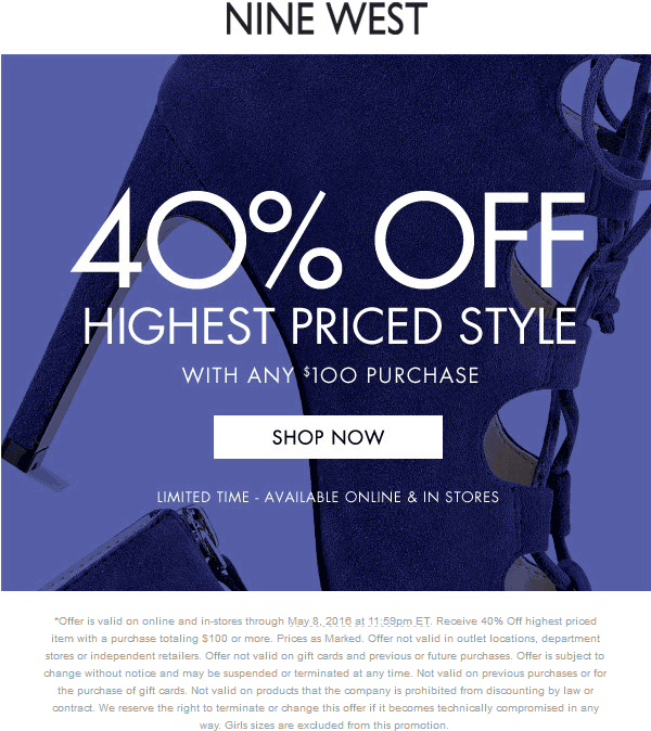 Nine West Coupon April 2024 40% off $100 at Nine West, ditto online with free shipping