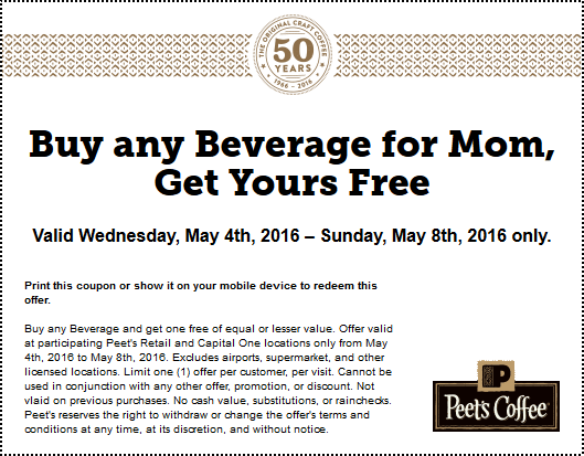 Peets Coffee & Tea Coupon May 2024 Second drink free at Peets Coffee & Tea