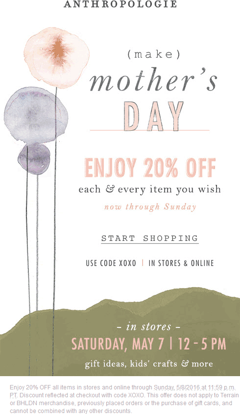 Anthropologie Coupon March 2024 20% off everything at Anthropologie, or online via promo code XOXO