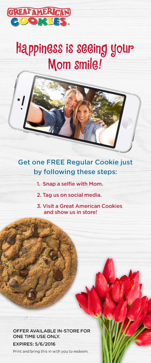Great American Cookies Coupon April 2024 Free cookie via selfie today at Great American Cookies