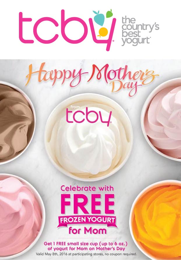 TCBY Coupon March 2024 Free frozen yogurt for Mom Sunday at TCBY
