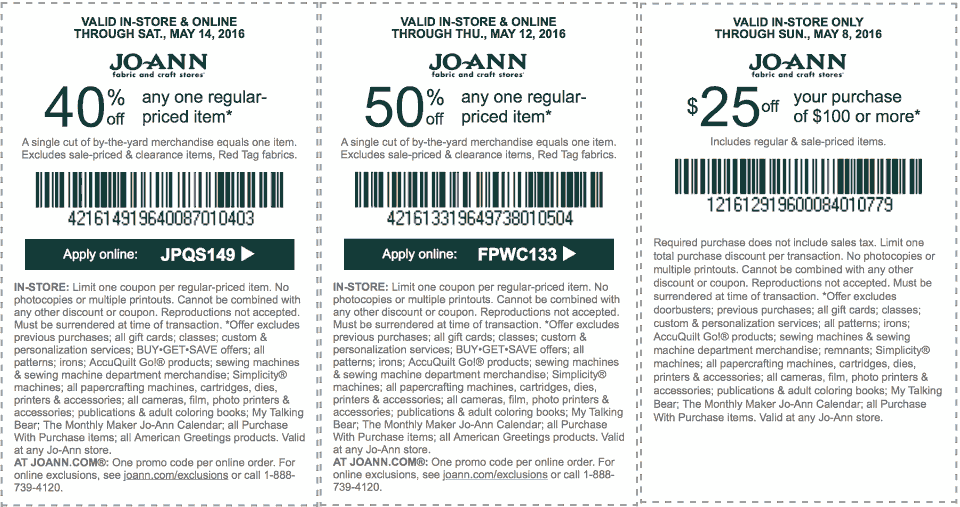 Jo-Ann Fabric Coupon April 2024 50% off a single item at Jo-Ann Fabric, or online via promo code FPWC133