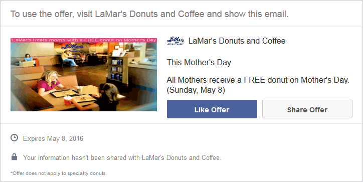 LaMars Donuts Coupon April 2024 Free doughnut for Mom today at LaMars Donuts & Coffee