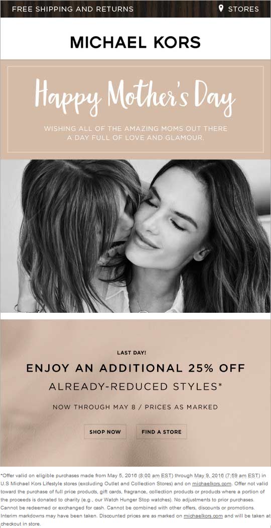 Michael Kors Coupon April 2024 Extra 25% off sale items today at Michael Kors, ditto online