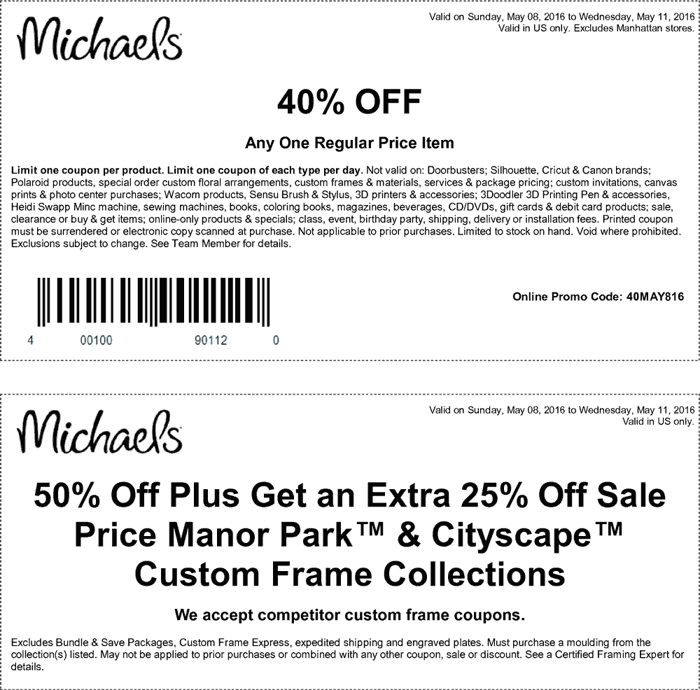 Michaels Coupon April 2024 40% off a single item at Michaels, or online via promo code 40MAY816