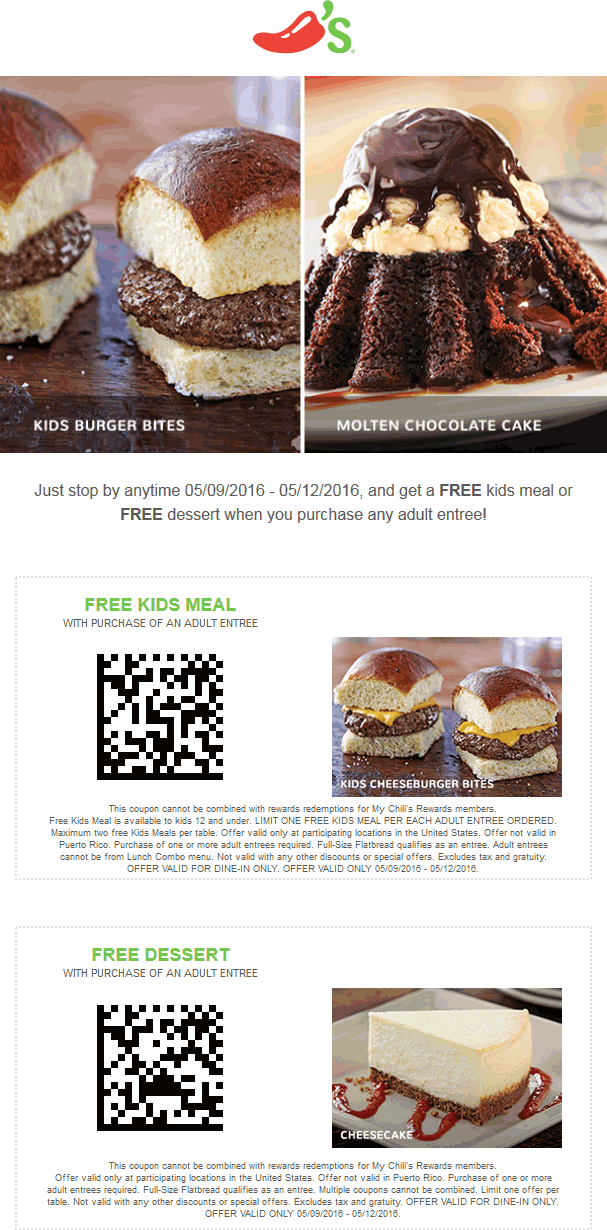 Chilis Coupon April 2024 Free appetizer or kids meal with yours at Chilis