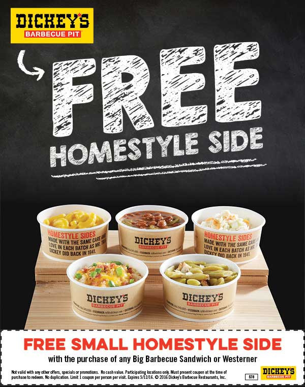 Dickeys Barbecue Pit Coupon April 2024 Free side with your sandwich at Dickeys Barbecue Pit