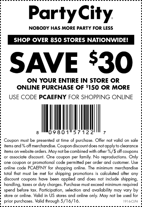 Party City Coupon April 2024 $30 off $150 at Party City, or online via promo code PCAEFNY