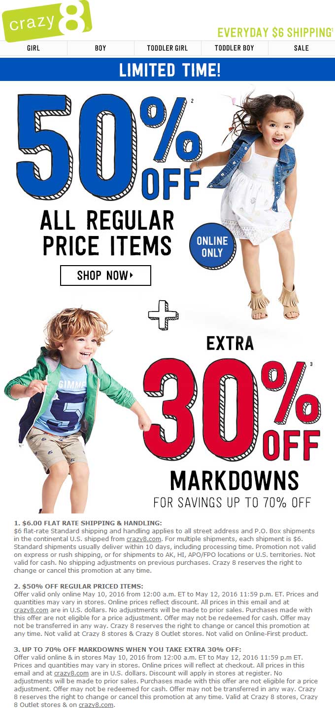 Crazy 8 Coupon May 2024 Extra 30% off clearance at Crazy 8 kidswear, ditto online + 50% off everything else