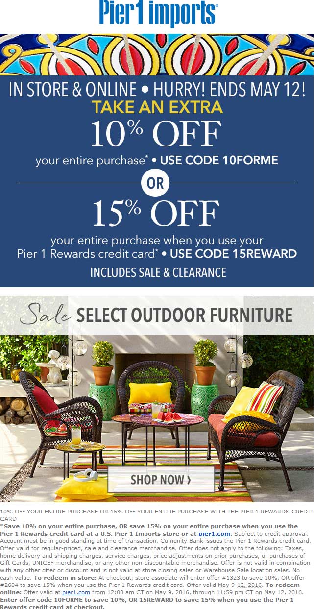 Pier 1 Coupon April 2024 Quick 10% off everything at Pier 1 Imports, or online via promo code 10FORME