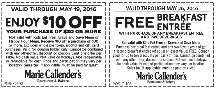 Marie Callenders Coupon March 2024 Second breakfast free & $10 off $30 at Marie Callenders