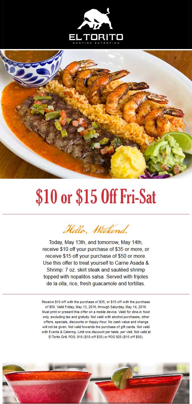 El Torito Coupon March 2024 $10 off $35 & more at El Torito restaurants