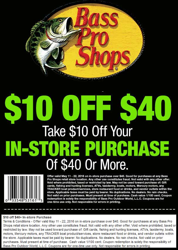 Bass Pro Shops Coupon April 2024 $10 off $40 at Bass Pro Shops