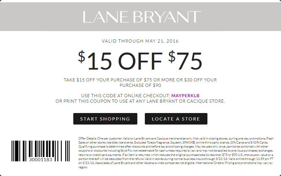 Lane Bryant Coupon April 2024 $15 off $75 & more at Lane Bryant, or online via promo code MAYPERKLB