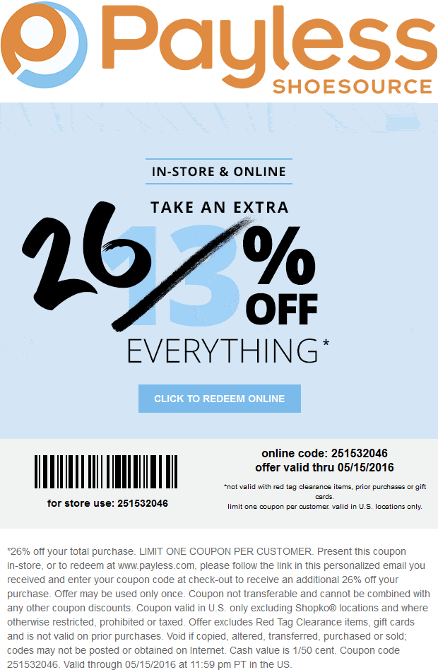 Payless Shoesource Coupon April 2024 26% off everything at Payless Shoesource, or online via promo code 251532046
