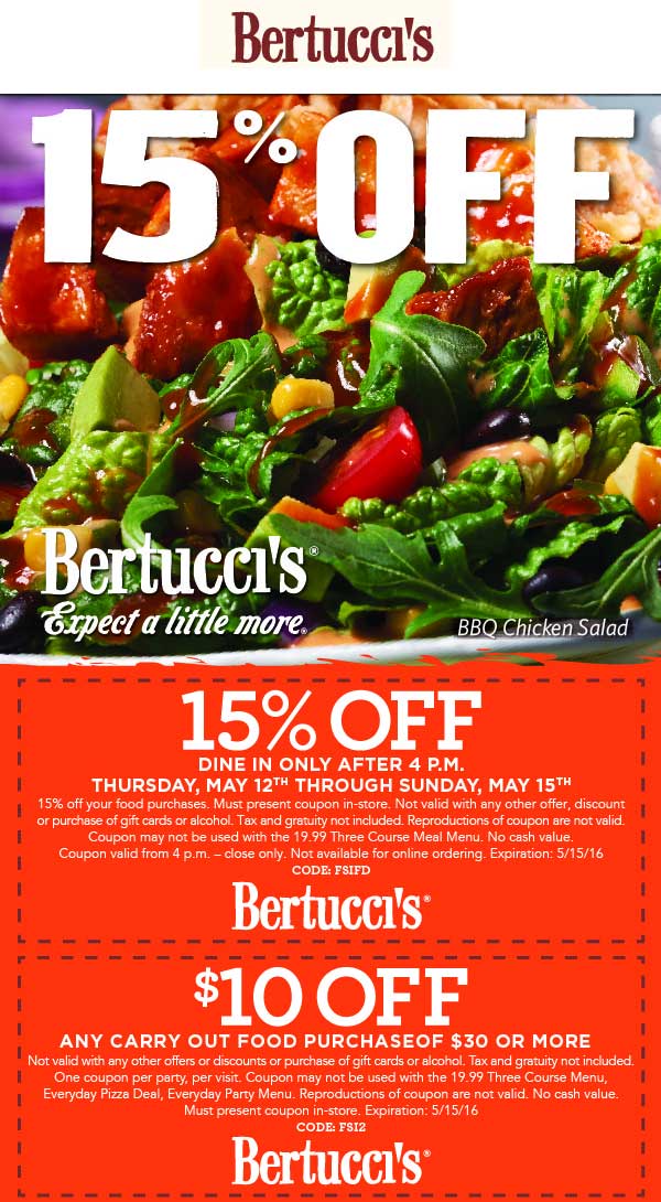 Bertuccis Coupon April 2024 15% off after 4pm today at Bertuccis restaurants