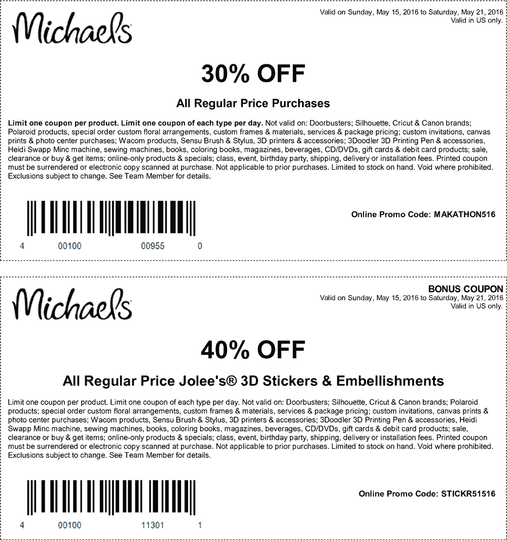 Michaels Coupon March 2024 30% off everything at Michaels, or online via promo code MAKATHON516