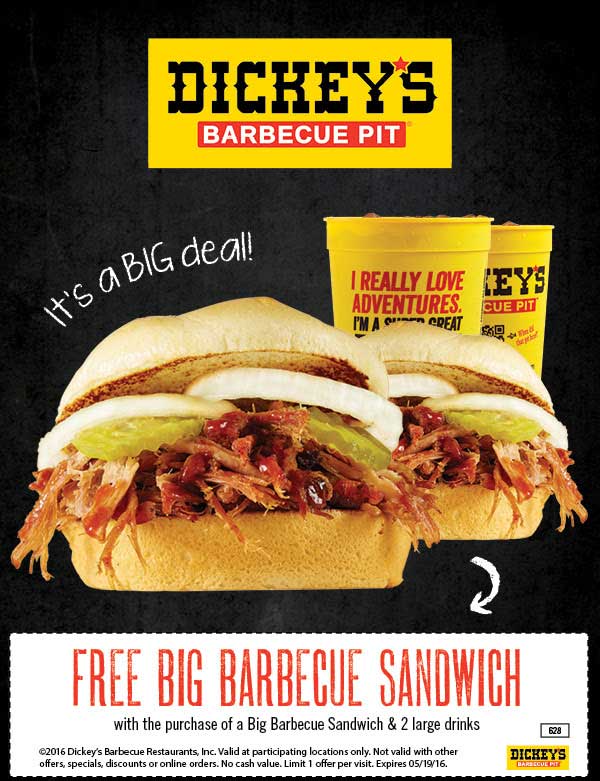 Dickeys Barbecue Pit Coupon April 2024 Second big bbq sandwich free at Dickeys Barbecue Pit