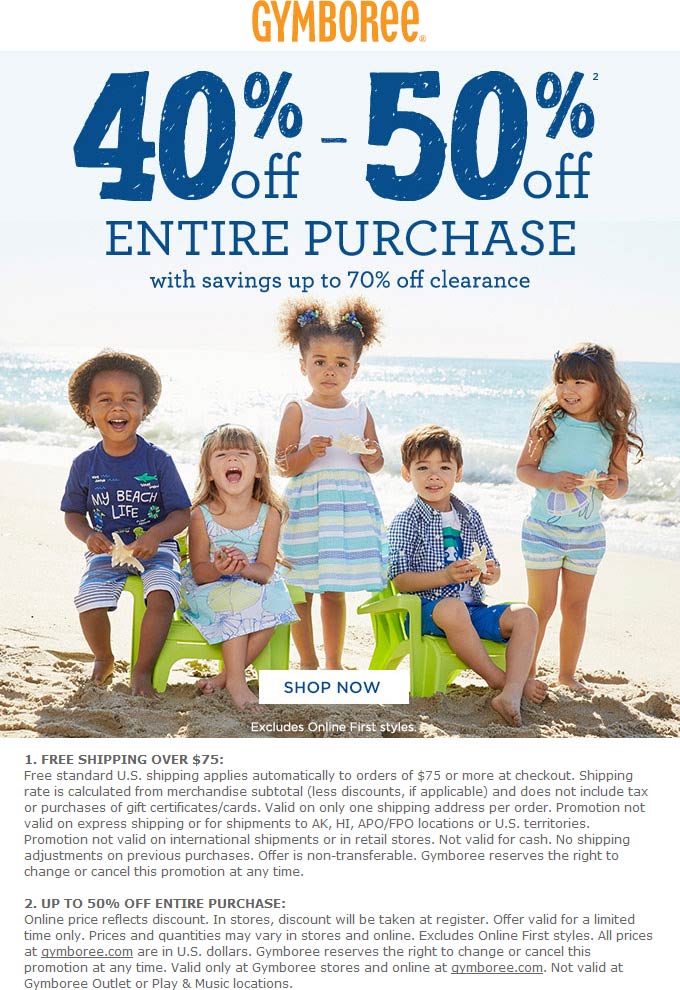 Gymboree Coupon April 2024 40-50% off everything at Gymboree, ditto online