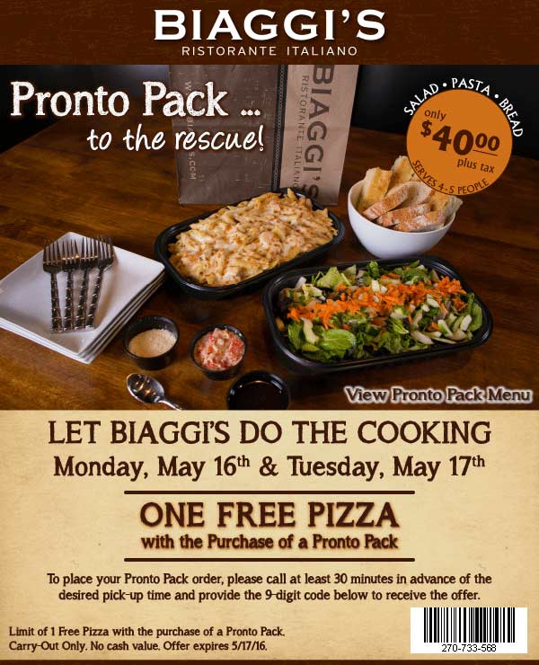 Biaggis Coupon April 2024 Free pizza with your pronto pack today at Biaggis Italian restaurants
