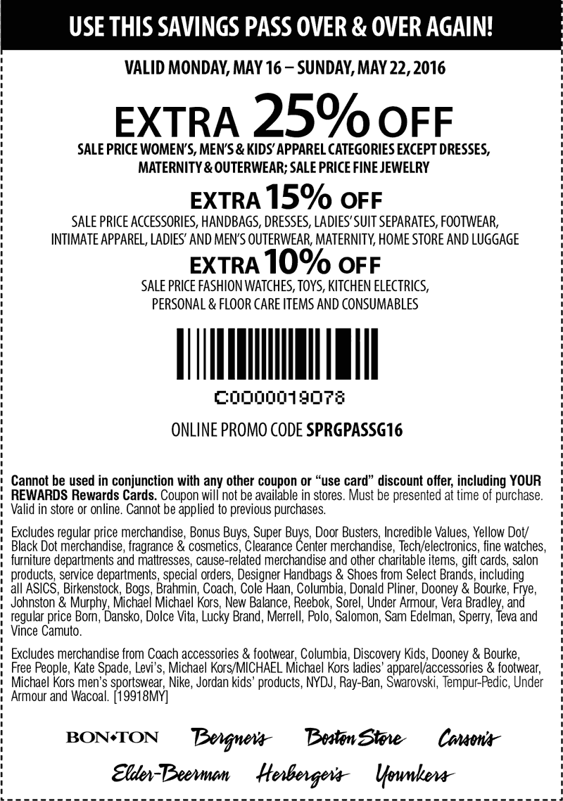 Carsons Coupon April 2024 Extra 25% off sale apparel at Carsons, Bon Ton & sister stores, or online via promo code SPRGPASSG16
