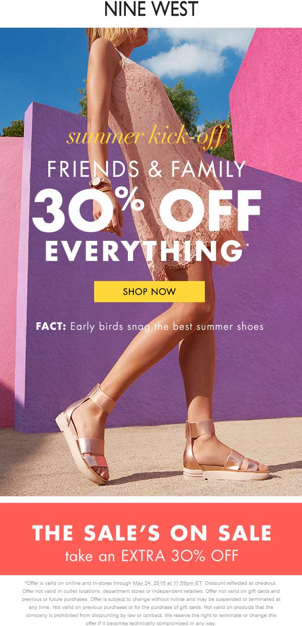 Nine West Coupon April 2024 30% off everything at Nine West, ditto online