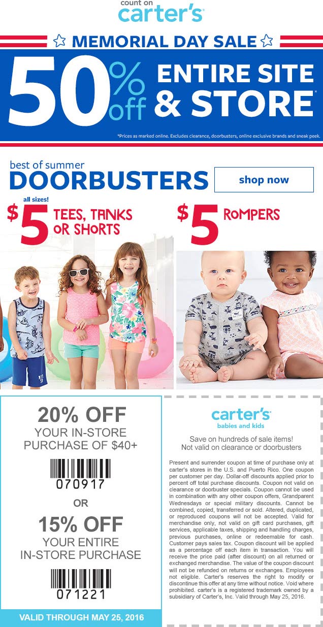 Carters Coupon April 2024 50% off everything + another 15-20% off at Carters, ditto online