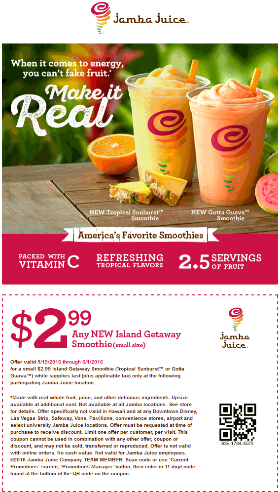 Jamba Juice Coupon April 2024 $2.99 island getaway smoothie at Jamba Juice