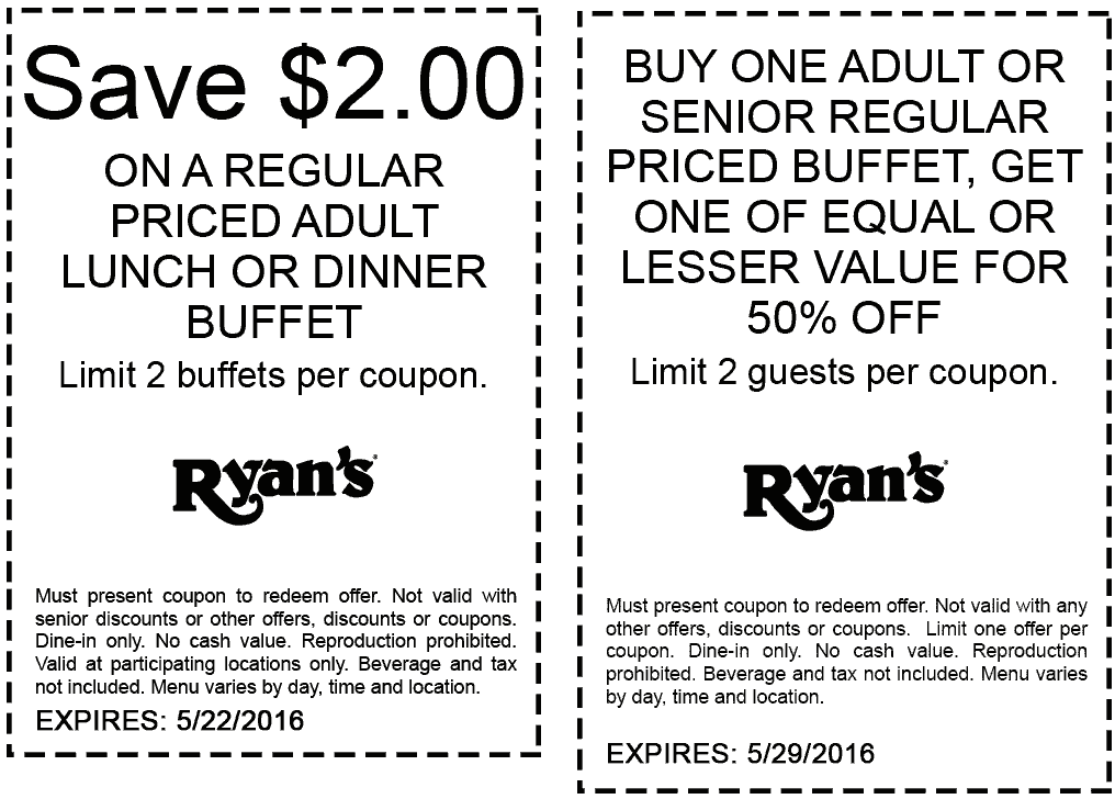 Ryans Coupon April 2024 $2 off your buffet & more at Ryans
