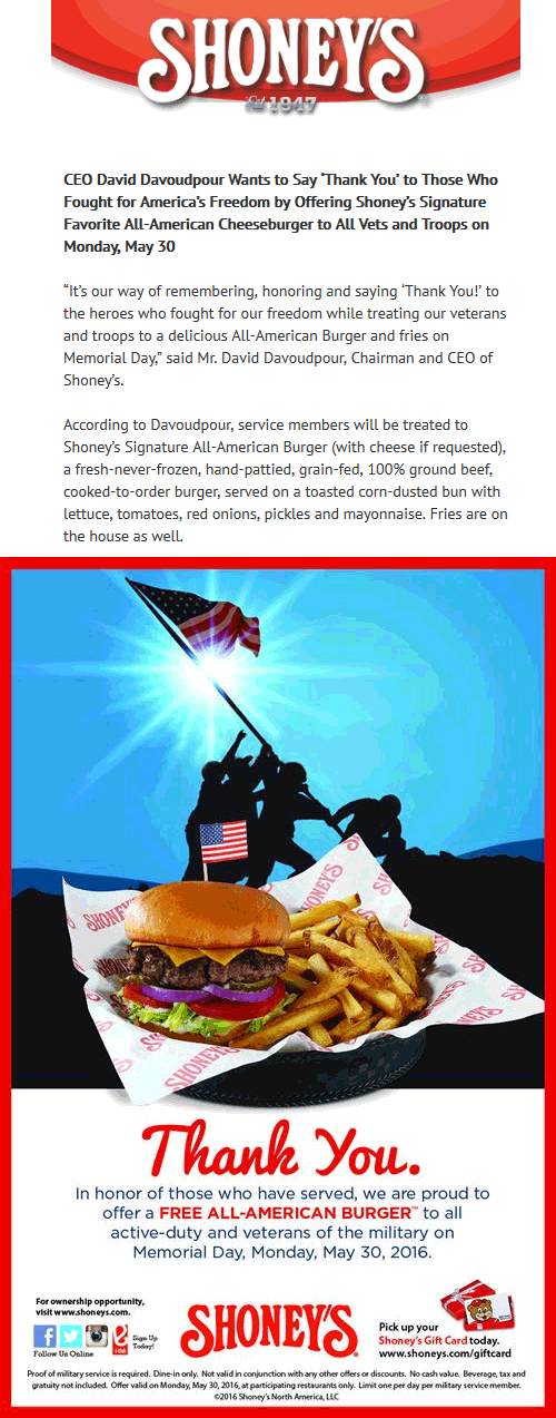 Shoneys Coupon April 2024 Free burger to military the 30th at Shoneys restaurants