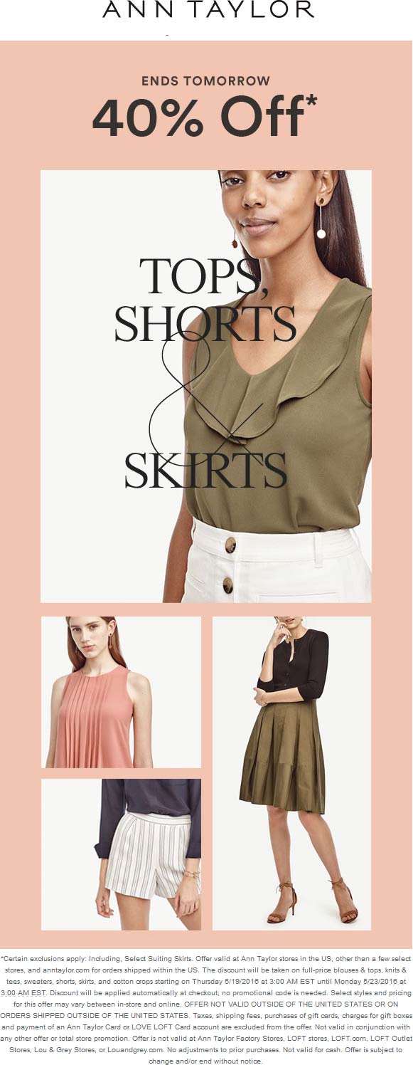 Ann Taylor Coupon April 2024 40% off tops & bottoms at Ann Taylor, ditto online