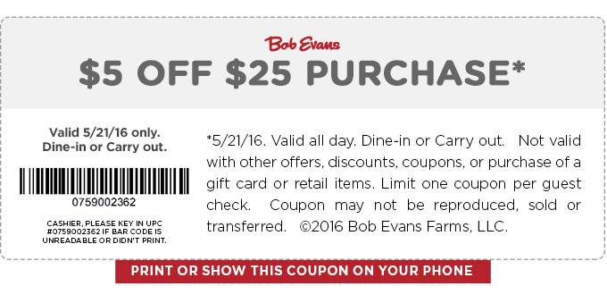 Bob Evans Coupon April 2024 $5 off $25 today at Bob Evans restaurants