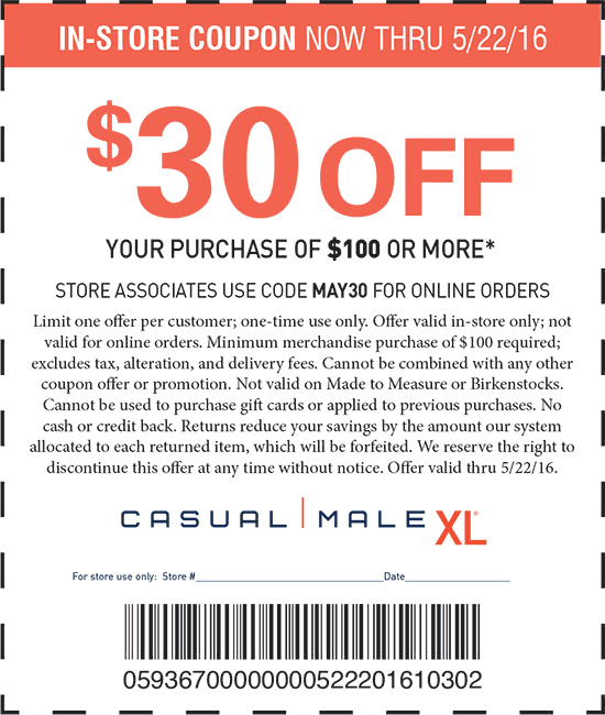 Casual Male XL Coupon April 2024 $30 off $100 at Casual Male XL, or online via promo code MAY30