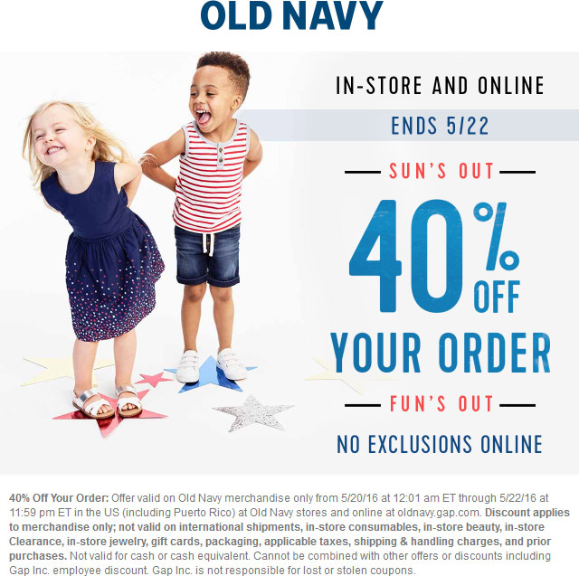 Old Navy Coupon March 2024 40% off at Old Navy, ditto online
