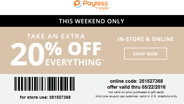 Payless Shoesource Coupon April 2024 20% off everything at Payless Shoesource, or online via promo code 251527368