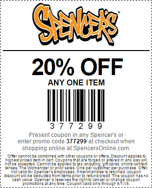 Spencers Coupon April 2024 20% off a single item at Spencers, or online via promo code 377299
