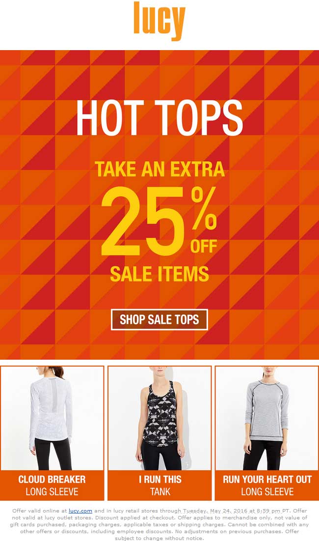 Lucy Coupon April 2024 Extra 25% off sale items at Lucy Activewear, ditto online